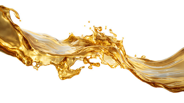 Golden liquid stream isolated on transparent or white background.