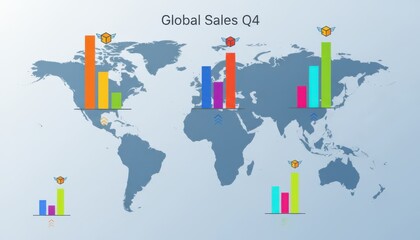 Global sales Q4 growth a bar graph shows worldwide business increases. Colorful data visualization on light blue world map background