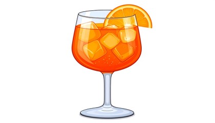 Bright, sparkling orange cocktail with ice cubes and a citrus slice in a tall, stemmed glass on a white background