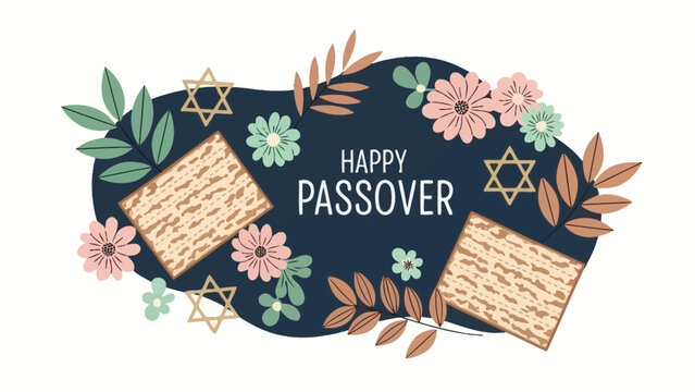 Happy Passover Greeting with Matzah, Flowers, Leaves, and Stars of David