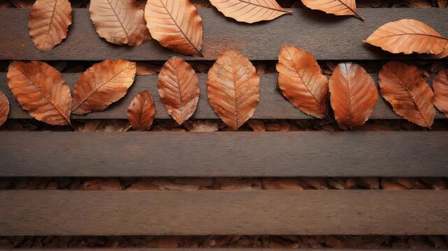 Autumn brown leaves arranged in a neat row on dark wooden planks, creating a natural seasonal background. Warm earthy tones evoke a cozy fall atmosphere and rustic charm