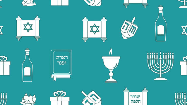 Seamless Pattern of Hanukkah Symbols and Jewish Holiday Elements on Teal Background