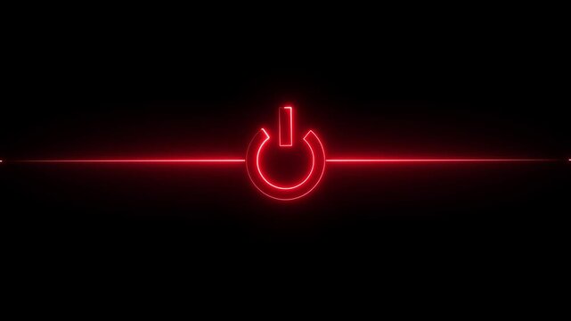 Neon power button animation. Startup power button. Glowing power button icon animation on a black background. Neon light power button turning on and off animation. Power switch symbol.