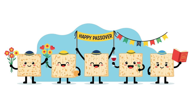 Happy Passover Celebration with Cartoon Matzah Characters Holding Flowers and Book