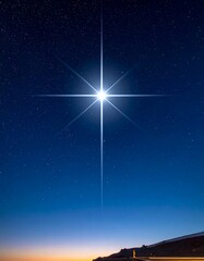 Bright star shines on twilight, dark blue sky with tiny stars over a landscape with blurred moving lights