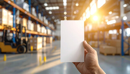 Hand holding blank paper in a warehouse with forklift and shelves in the background under bright lighting