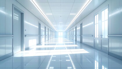 Bright, sterile hallway with closed doors extending into the distance, flooded by sunlight from a window