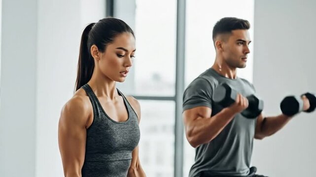 Determined Couple Lifting Dumbbells During Fitness Workout with Copy Space