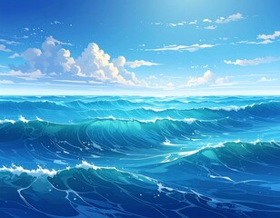 Bright, stylized seascape  blue waves roll under a partly cloudy, sunlit sky in an anime aesthetic