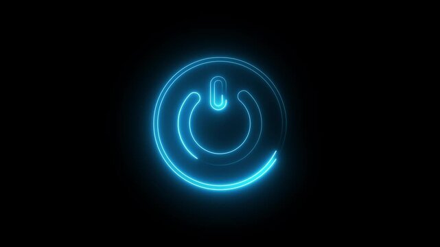 Neon power button animation. Startup power button. Glowing power button icon animation on a black background. Neon light power button turning on and off animation. Power switch symbol.