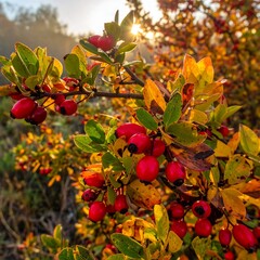 Bright sun shines through autumn leaves and red berries on a plant branch, highlighting its seasonal colors