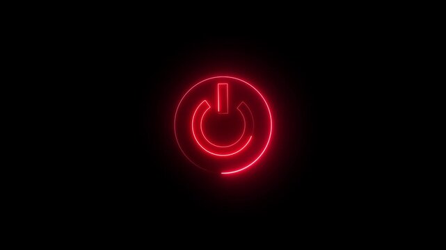 Neon power button animation. Startup power button. Glowing power button icon animation on a black background. Neon light power button turning on and off animation. Power switch symbol.