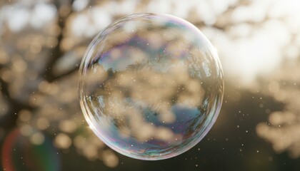 Floating iridescent bubble shimmers against blurry flowering trees; surreal, macro, outdoors, dreamy, ethereal, nature, springtime, bokeh, soft