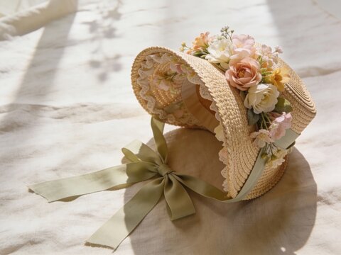 Elegant floral easter bonnet with ribbon displayed on light fabric for spring celebration