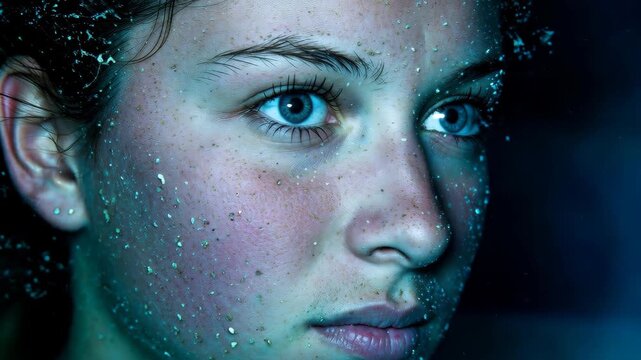 The Gaze: A young woman's portrait, drenched in sparkling droplets, reflecting light and shadow with deep introspection, in a close-up that underscores her subtle beauty. 