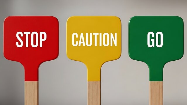 Traffic signs for stop, caution, and go on wooden posts