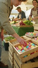 Easter market scene with vibrant painted eggs and festive atmosphere
