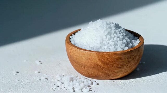 Salt in Wooden Bowl: A close-up shot captures the texture of sea salt crystals presented in a rustic wooden bowl, with soft shadows.