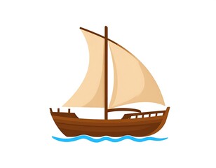 Obraz premium Brown wooden sailboat with beige sails on calm blue waves, isolated on a white background