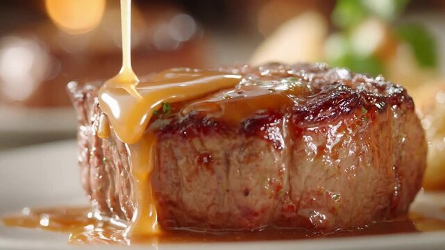 Perfectly cooked steak doused with appetizing creamy sauce on a fine dining plate.