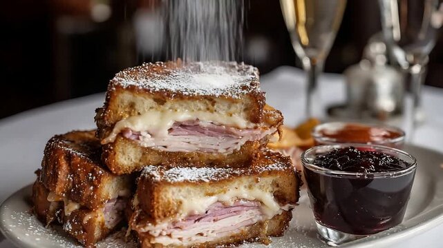 Sweet and Savory Monte Cristo Sandwich Getting Powdered Sugar at a Fancy Restaurant.