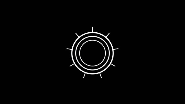 Circular nautical steering wheel with double ring and eight thin spokes in Generate title without using the word "Title:" before it. white on black circle