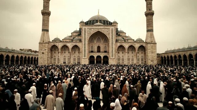A breathtaking view of a grand mosque courtyard bustling with a devoted community gathered for a significant religious assembly, showcasing architectural splendor and spiritual unity