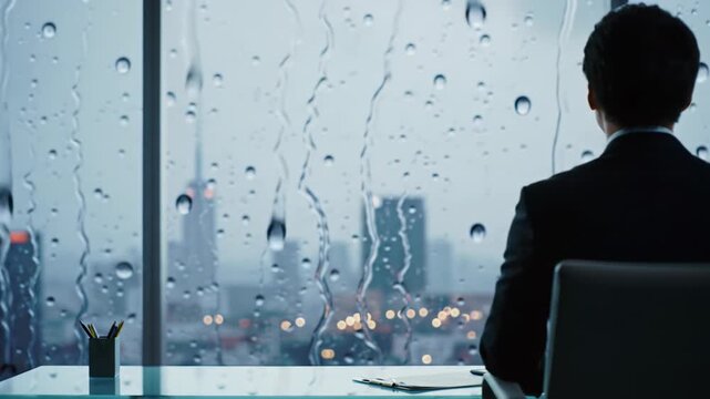 Cinematic video of a well-dressed professional in a minimalist high-rise executive office during rain, contemplating by a vast window with a blurred city skyline and bokeh lights. A slow dolly