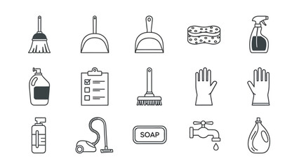 Set of cleaning supplies and tools for household chores, vector icons