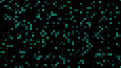 Dark teal and turquoise pixelated texture with scattered squares on a dark Generate title without using the word "Title:" before it. background