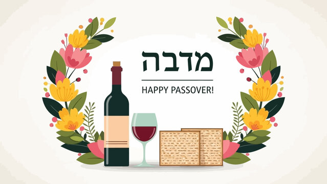 Happy Passover Greeting with Wine, Matzah, and Flowers Frame Illustration