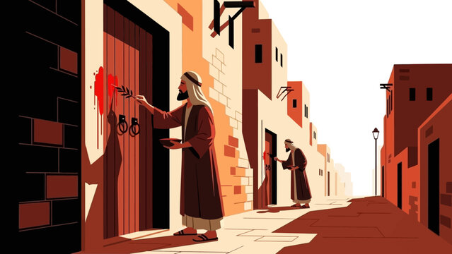 Ancient Man Marks Doorway with Red Paint and Branch in Historic Village Scene