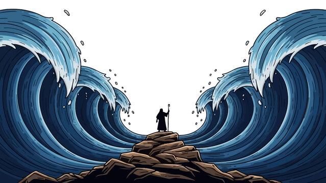 Moses Parts Red Sea with Staff, Dramatic Waves Parting for Israelites