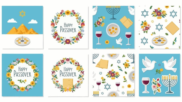 Happy Passover Greeting Cards and Seamless Patterns with Religious Symbols