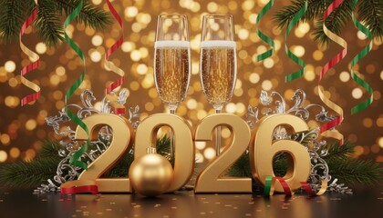 Champagne glasses with golden numbers celebrating new year joy and hopeful beginnings