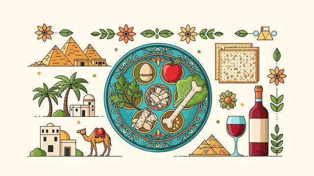 Passover Seder Plate with Egyptian Symbols and Matzah Bread