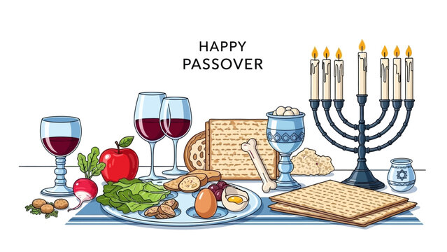 Happy Passover Seder Plate with Matzah, Wine, and Candles for Jewish Holiday