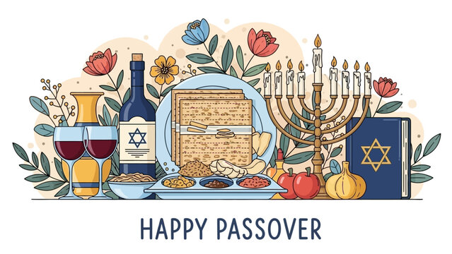 Happy Passover Celebration with Matzah, Wine, Menorah, and Torah Illustration