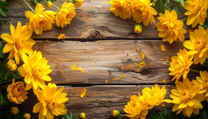 Bright yellow chrysanthemums frame a weathered wooden surface with a rustic, natural, organic, and inviting aesthetic