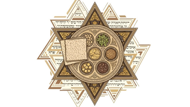 Passover Seder Plate and Matzah on Star of David Background, Jewish Holiday Celebration