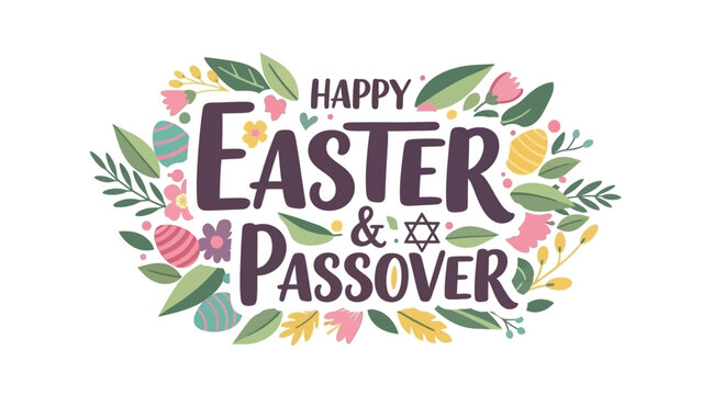 Happy Easter and Passover Greeting with Festive Floral Decorations and Eggs