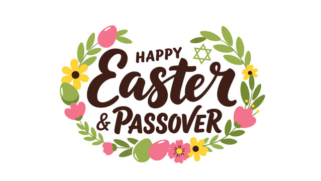 Happy Easter and Passover Greeting with Floral Wreath and Spring Decorations