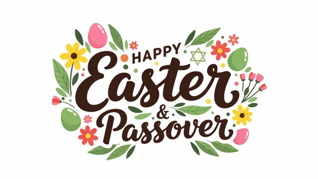 Happy Easter and Passover Greeting with Flowers, Eggs and Symbols