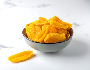 Bright yellow dried mango slices heaped in a small bowl, with one piece resting on a white marble surface