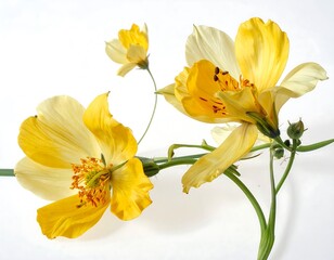 Bright yellow flowers, petals unfurling, stem bent and growing. Clean white background highlights floral details