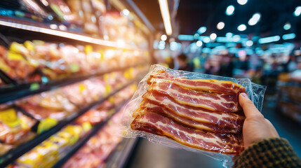 Person holding a vacuum-sealed pack of sliced bacon in a supermarket aisle, highlighting grocery shopping, fresh packaged meat, and modern retail experience.