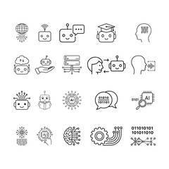 Artificial Intelligence and Robot Technology Line Icon Set. Chatbot, Machine Learning, and Digital Brain Concepts.
