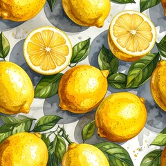 Bright yellow lemons and green leaves arranged on a mottled, pale gray background in a seamless pattern