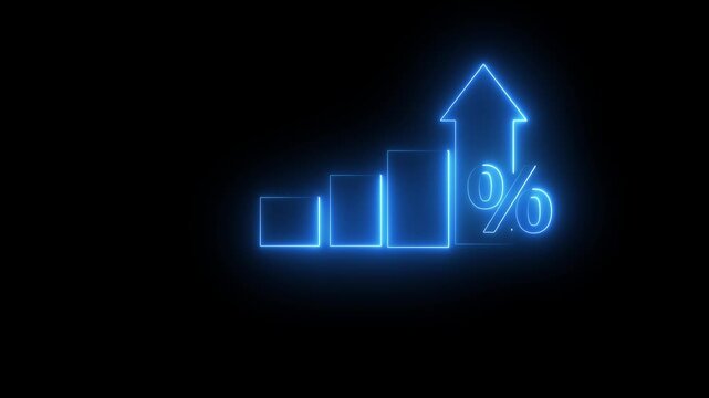 A modern neon-style icon featuring a glowing bar chart with an upward arrow and percentage symbol, representing data growth, analytics, performance increase, profit, and business success.