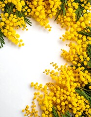 Bright yellow mimosa flowers with green leaves form a frame around a white space ideal for text overlay
